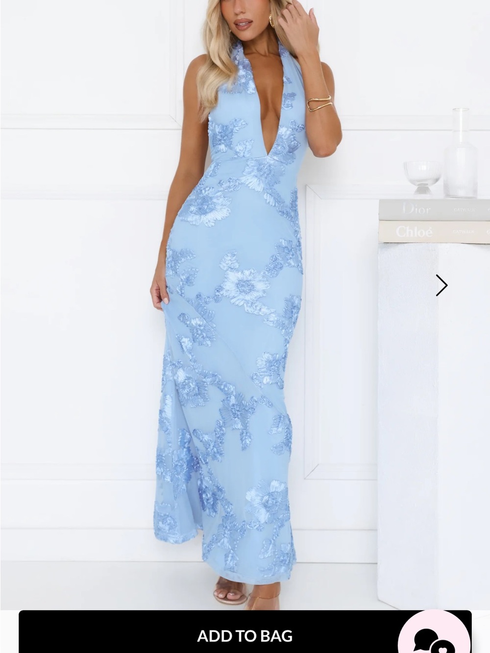 Hello Molly Light Blue Plunging V-Neck Lace Appliqué Maxi Dress